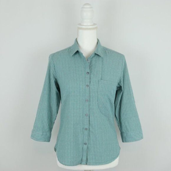 Horny Toad Fanfair Women's Blue White Cotton Striped 3/4 Sleeve Button Up Shirt - Picture 1 of 8